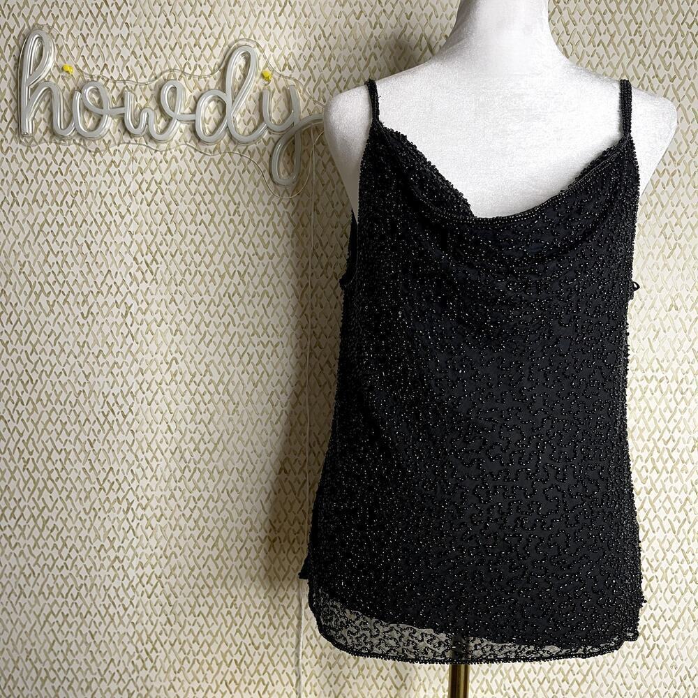 Vintage 80's Stenay Sleeveless Black Beaded Cowl Neckline Silk Tank Top Size M